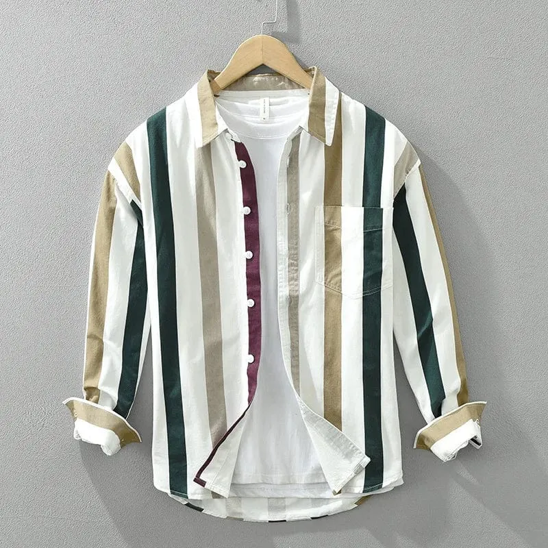 Men's Casual Striped Cotton Long Sleeve Shirt | Simple Fresh Style with Turn-Down Collar | Soft and Comfortable