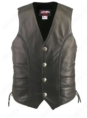 Men's Made in USA Black Naked Leather Buffalo Nickel Motorcycle Vest Braid Trim Gun Pockets