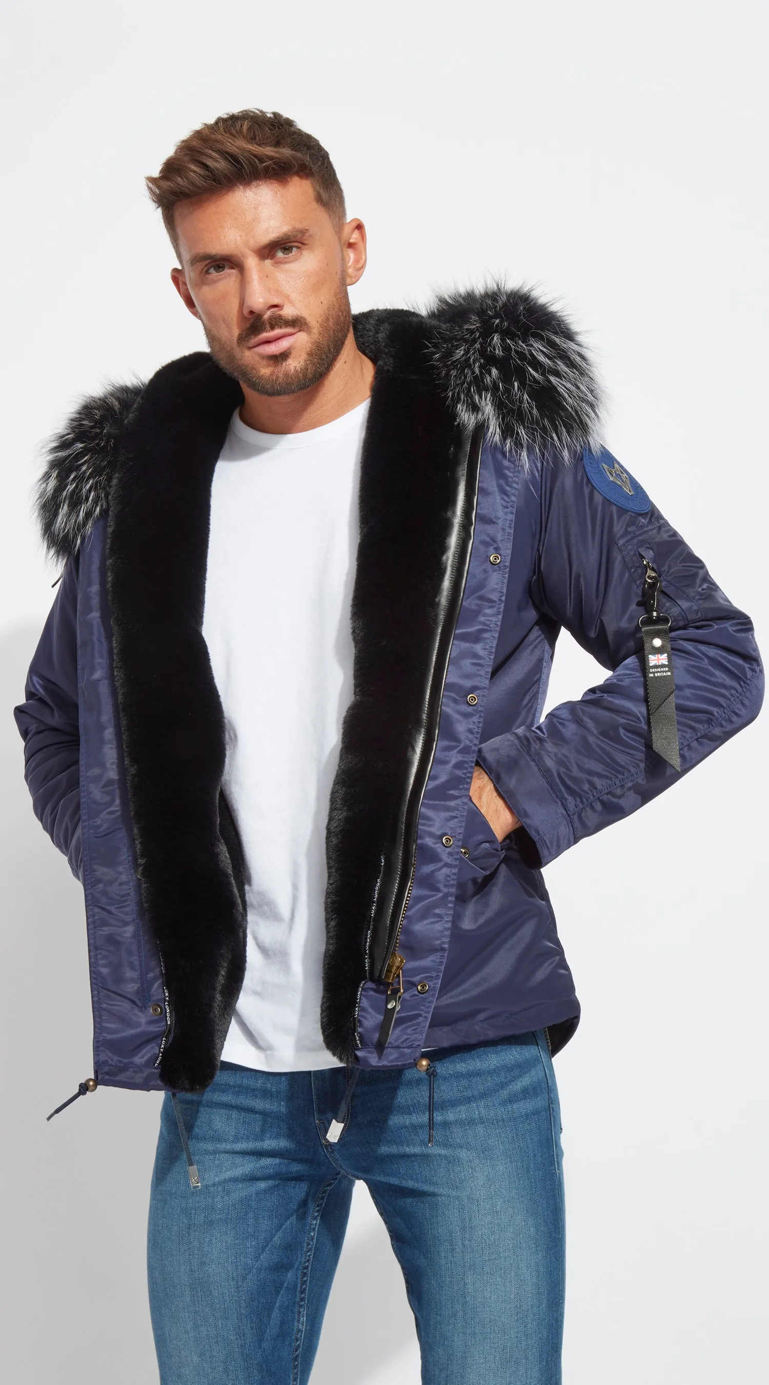 Mens Navy Water-Repellent Luxy Fur Parka - Black Mist