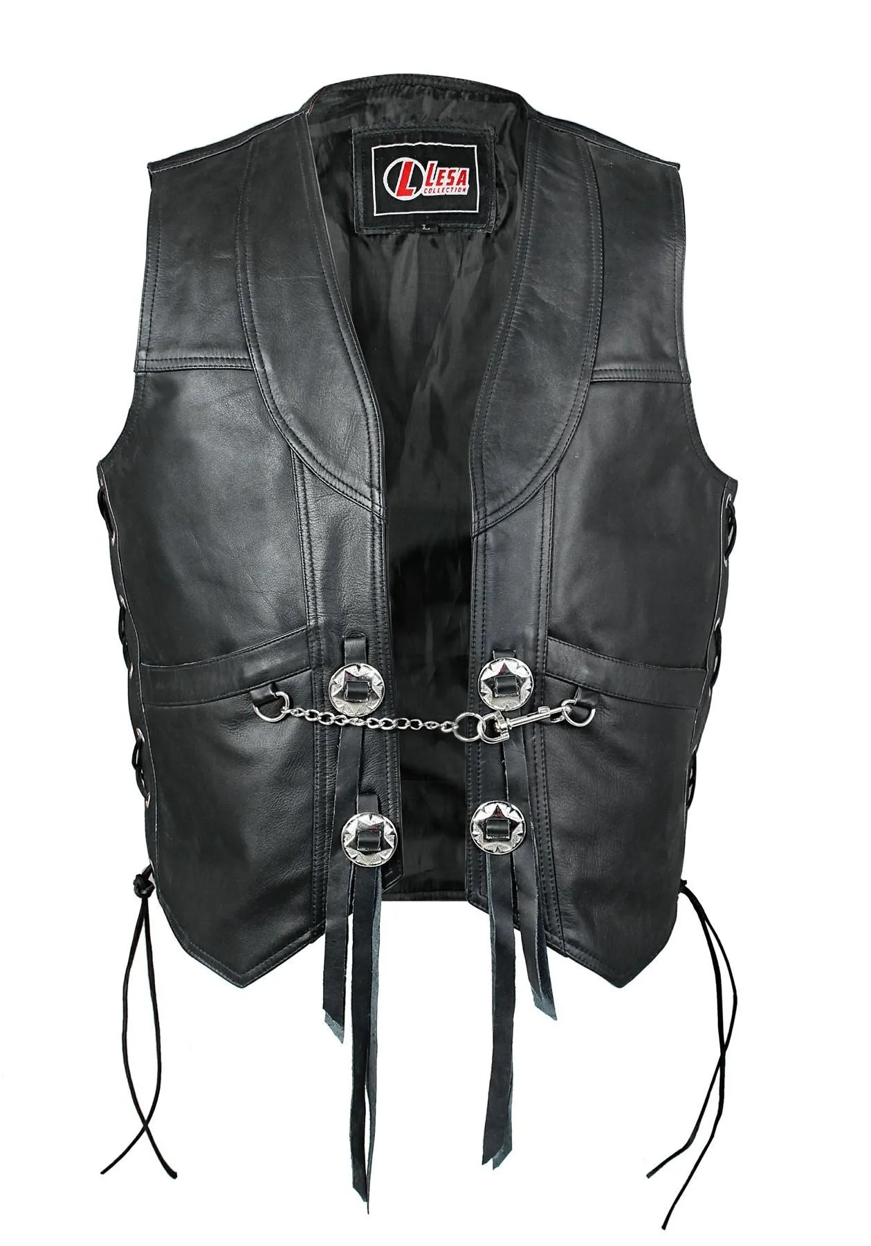 Mens Real Leather Motorcycle Biker Waistcoat/Vest with Chain