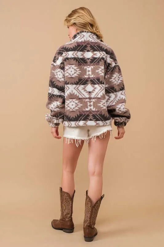 Mocha Aztec Teddy Mock Neck Zip Up Pullover