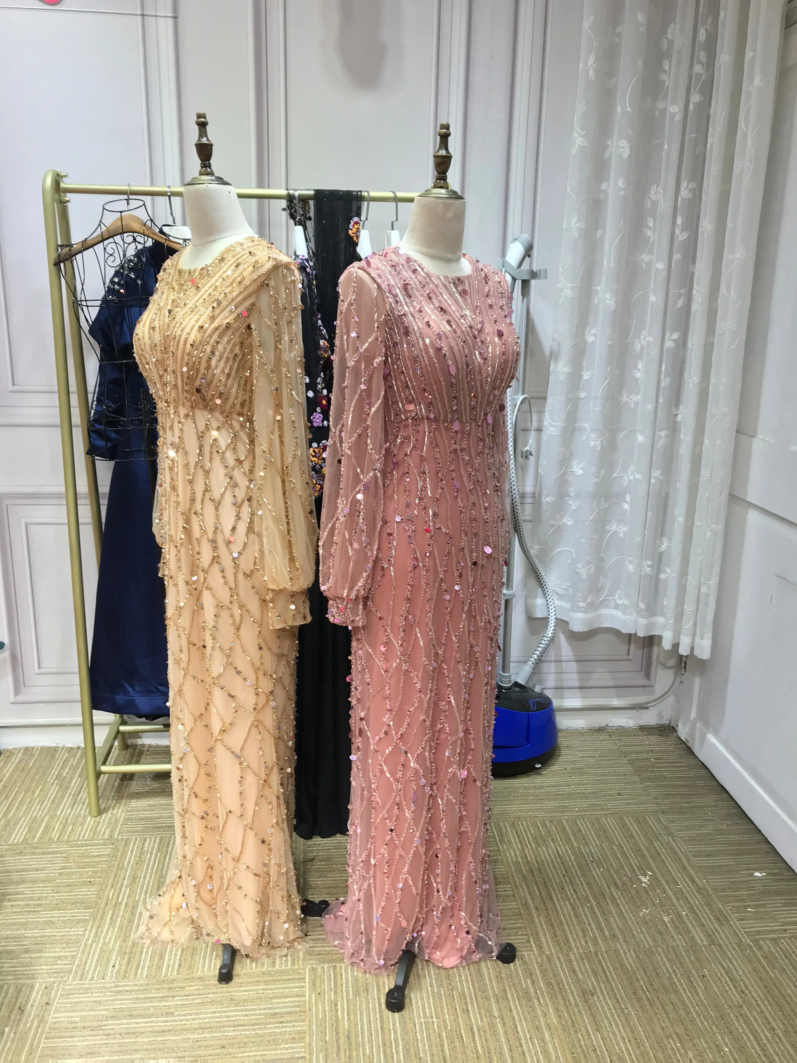 Muslim fashion long sleeves handmade beaded gold dusty pink crystals sequins rhinestone mermaid engagement prom couture dresses