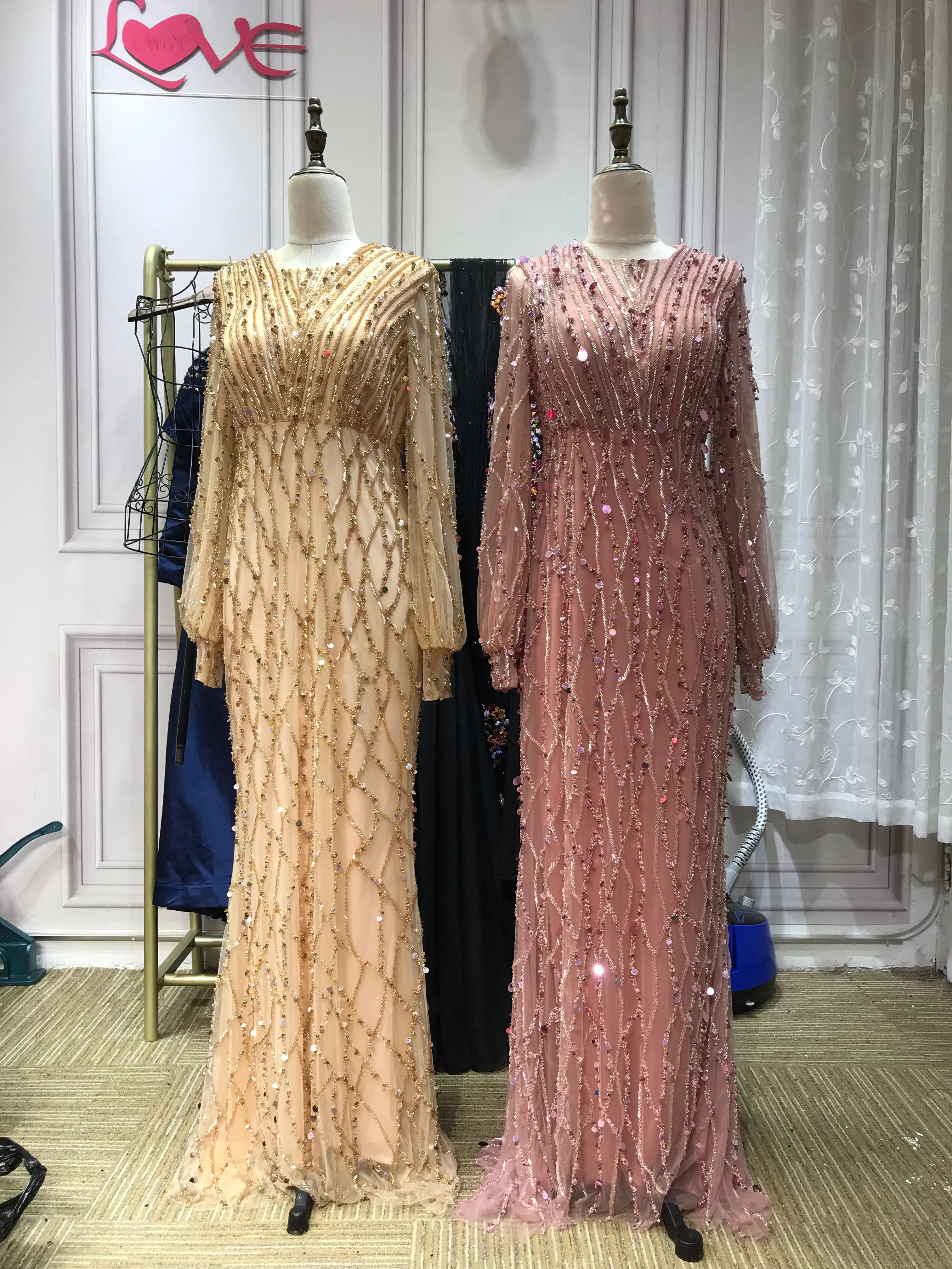 Muslim fashion long sleeves handmade beaded gold dusty pink crystals sequins rhinestone mermaid engagement prom couture dresses