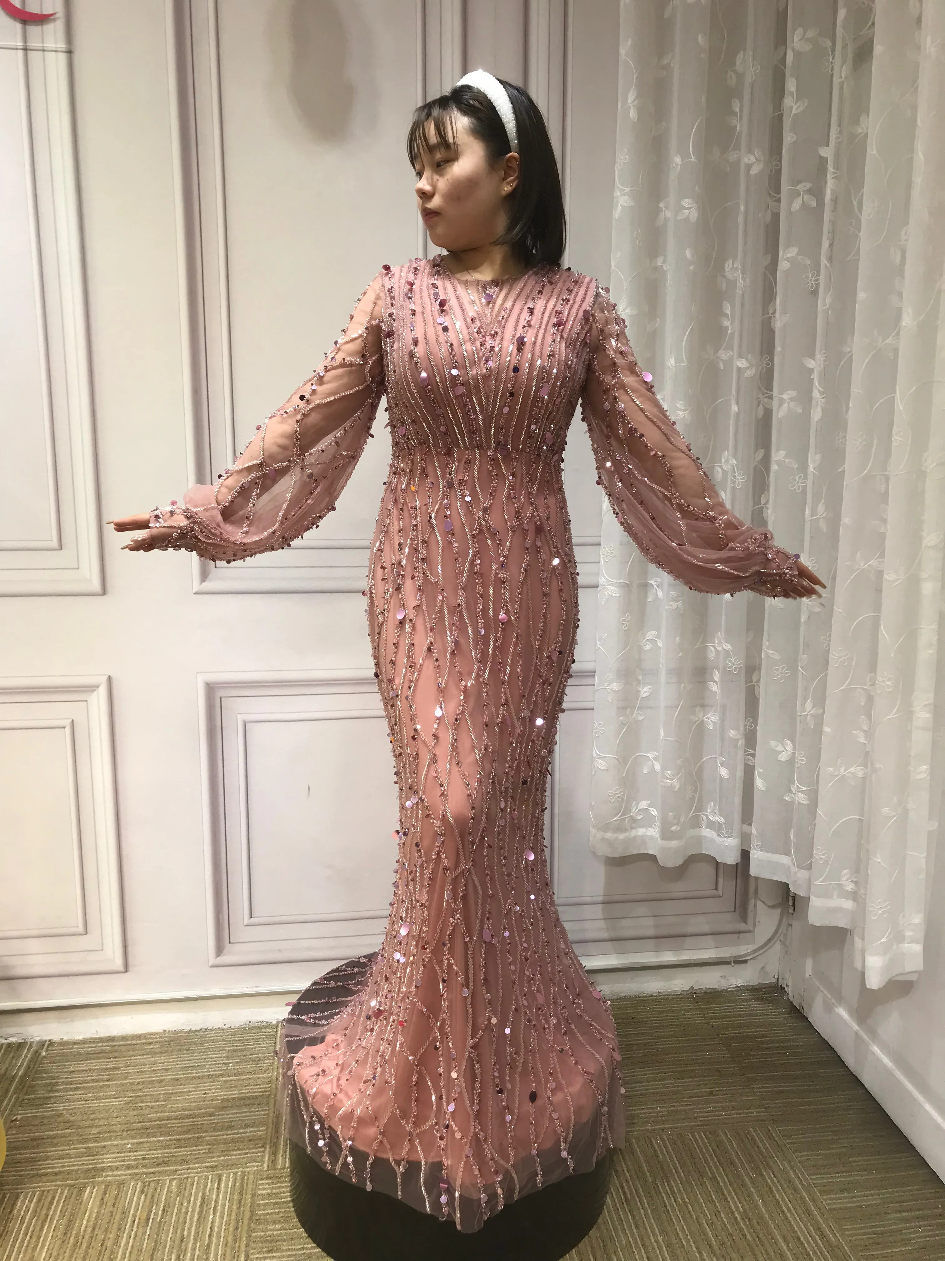 Muslim fashion long sleeves handmade beaded gold dusty pink crystals sequins rhinestone mermaid engagement prom couture dresses