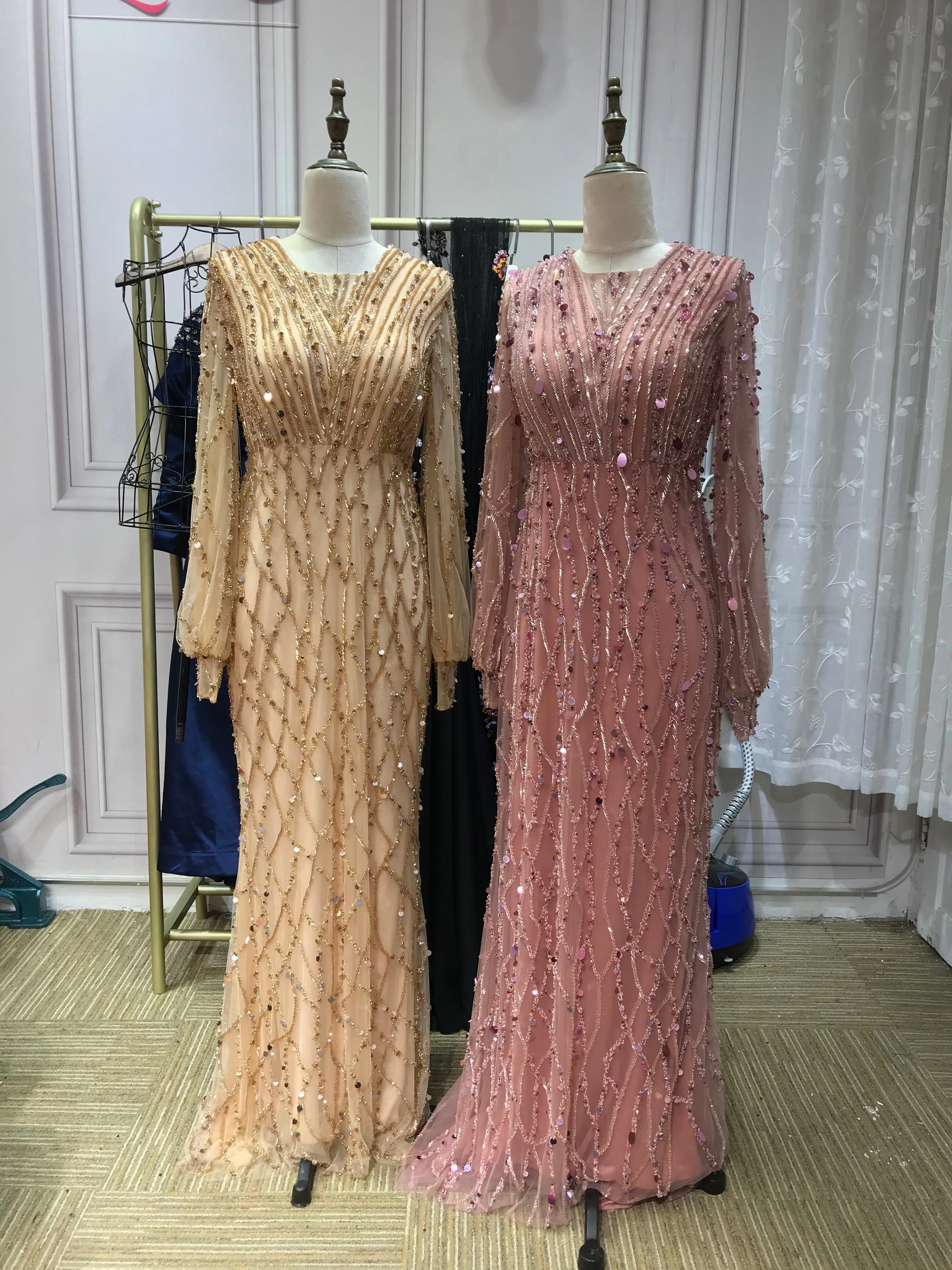 Muslim fashion long sleeves handmade beaded gold dusty pink crystals sequins rhinestone mermaid engagement prom couture dresses