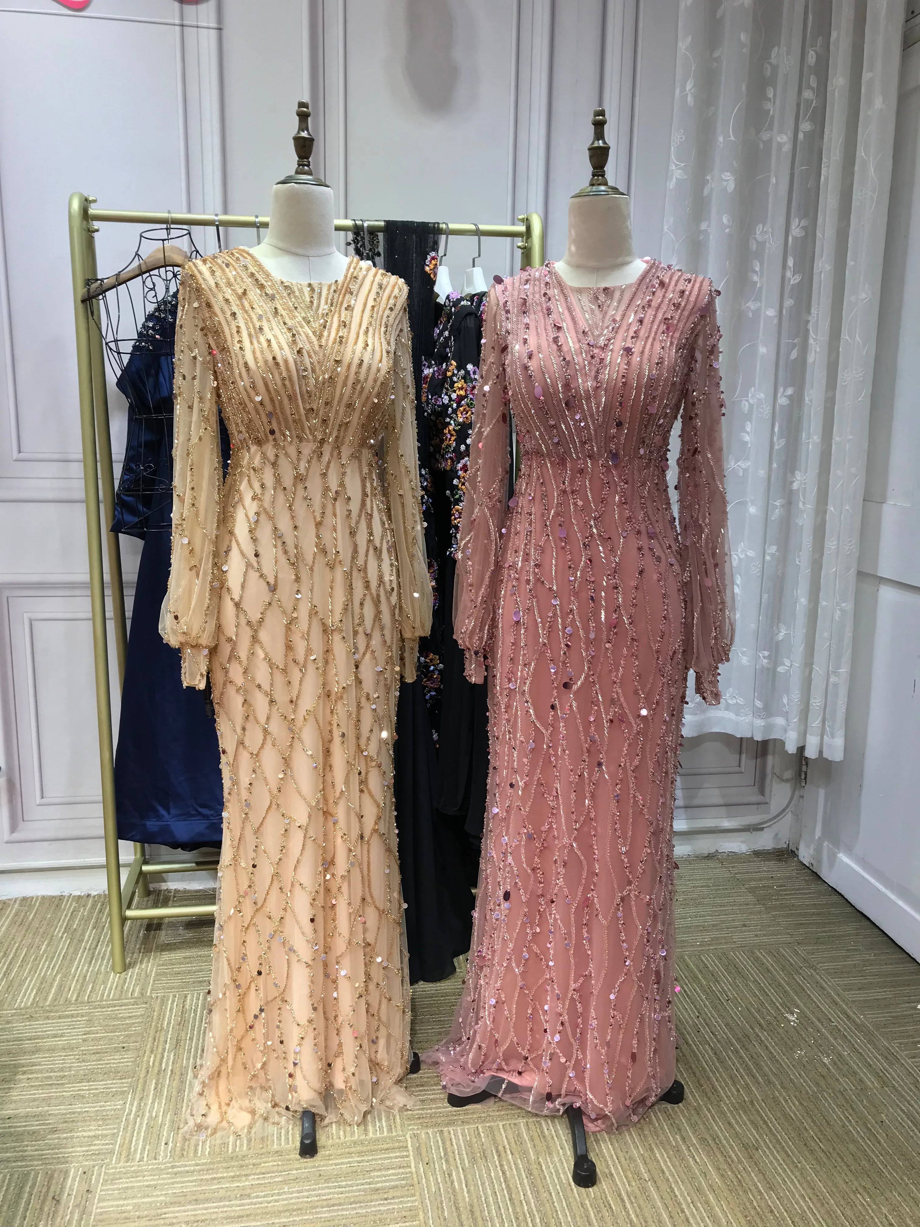 Muslim fashion long sleeves handmade beaded gold dusty pink crystals sequins rhinestone mermaid engagement prom couture dresses