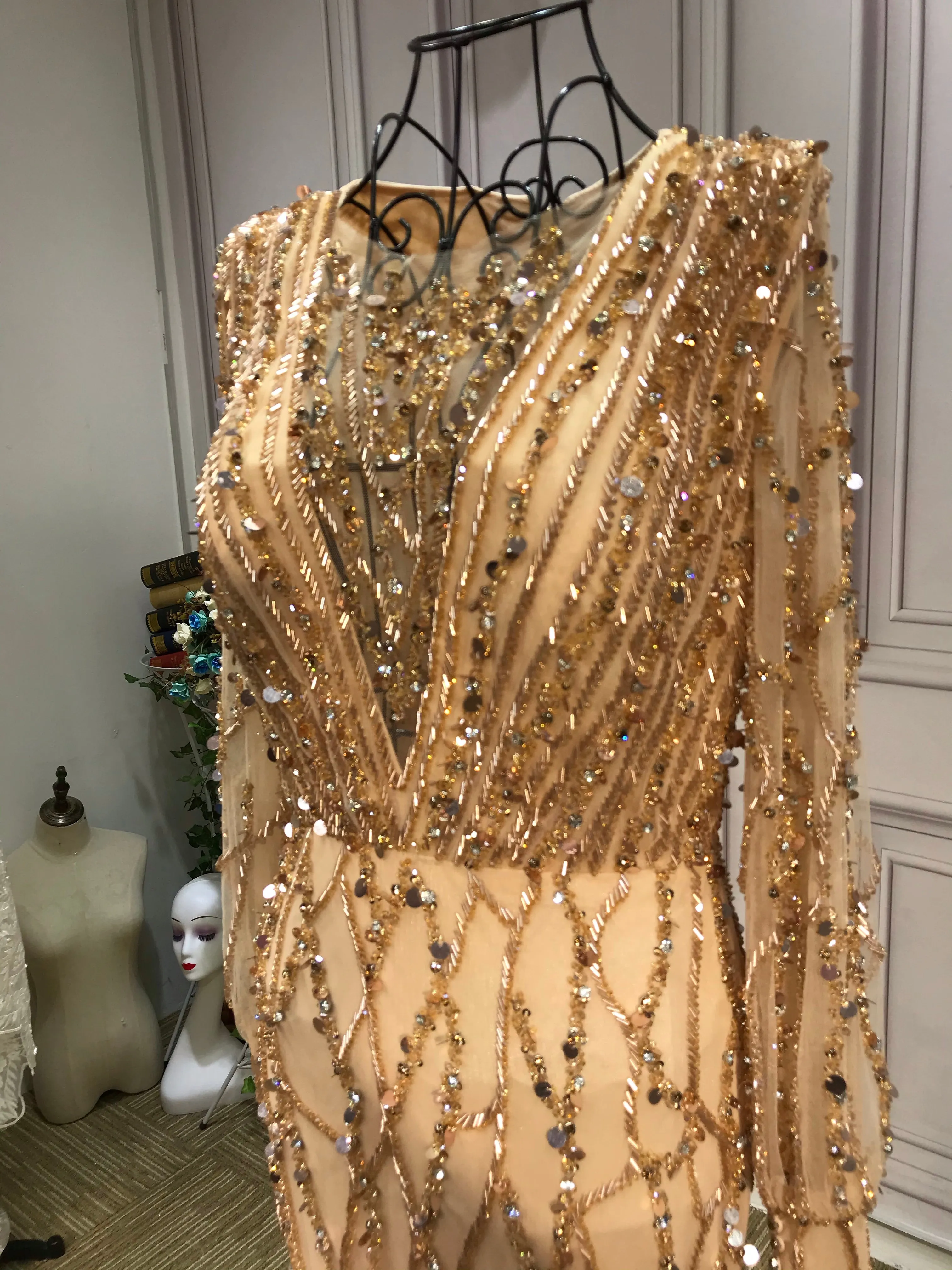 Muslim fashion long sleeves handmade beaded gold dusty pink crystals sequins rhinestone mermaid engagement prom couture dresses