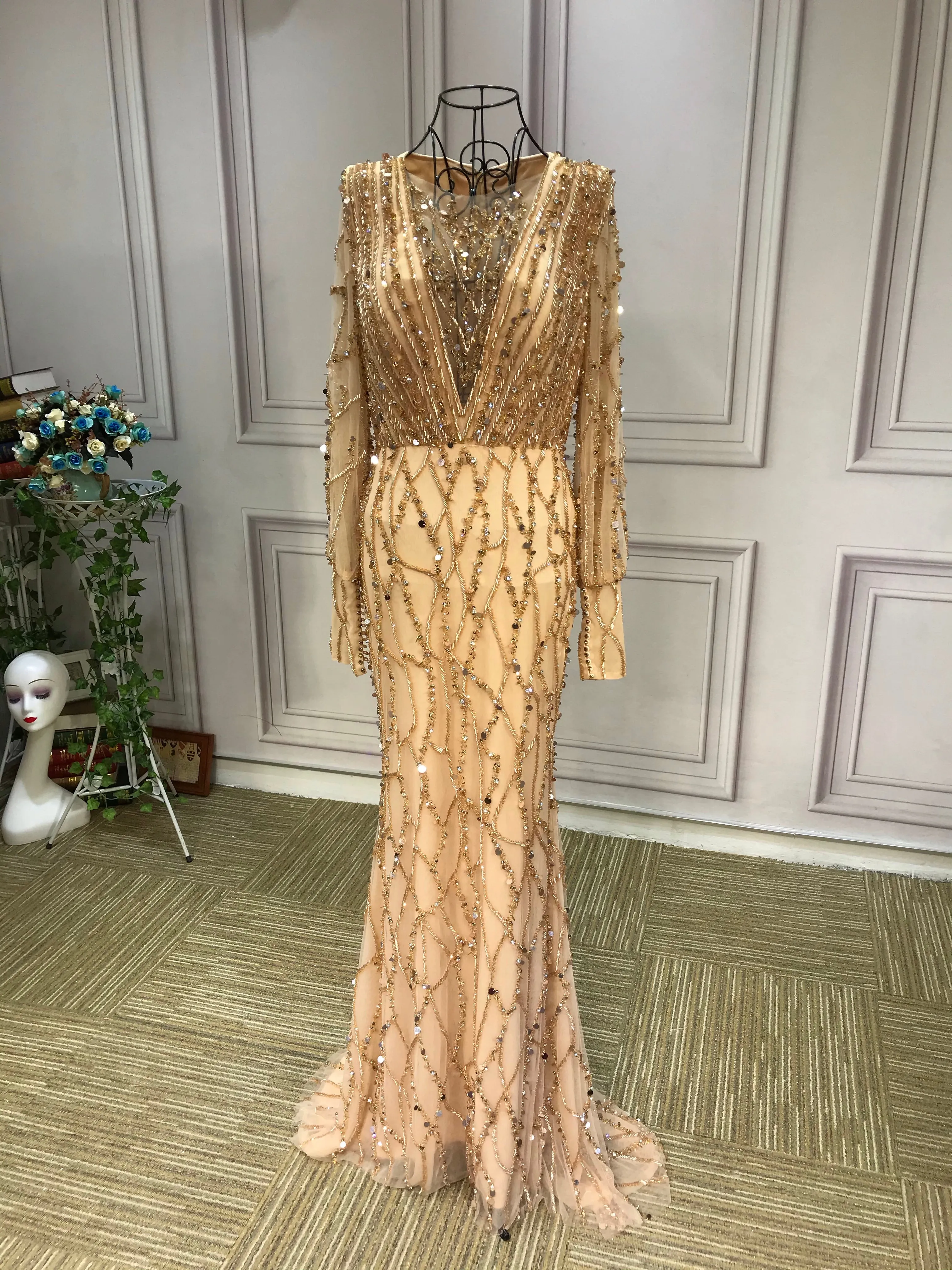 Muslim fashion long sleeves handmade beaded gold dusty pink crystals sequins rhinestone mermaid engagement prom couture dresses