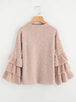 Pearl Beaded Layered Ruffle Sleeve Jumper