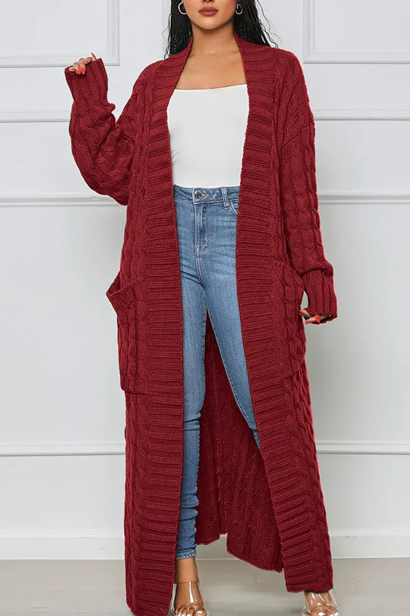 Purpdrank - Rose Red Casual Street Solid Slit Cardigan Weave Outerwear