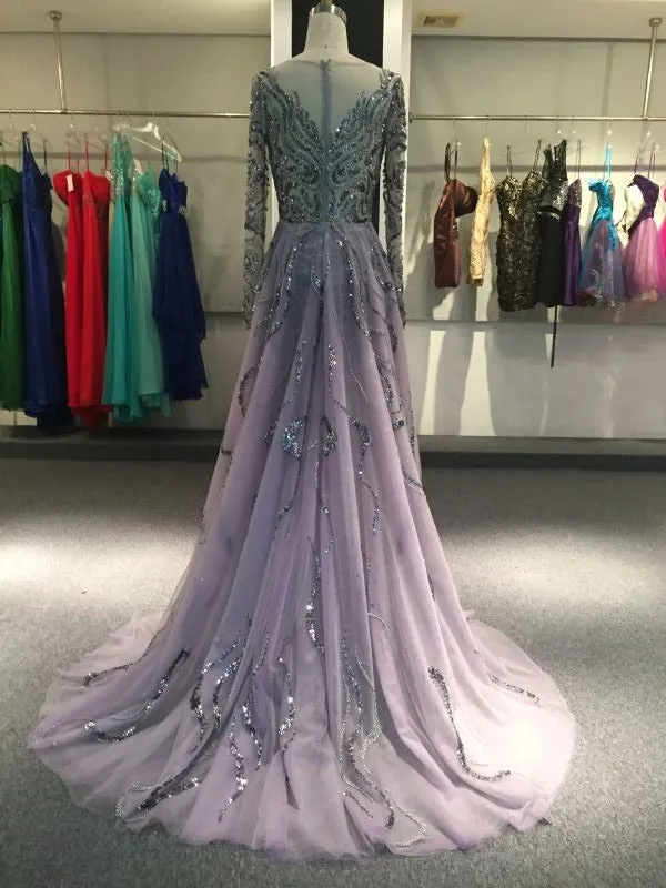 Purple long sleeves mermaid prom dresses with removable train sliver crystals rhinestones