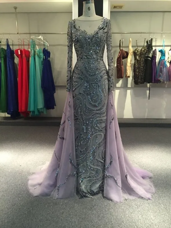 Purple long sleeves mermaid prom dresses with removable train sliver crystals rhinestones