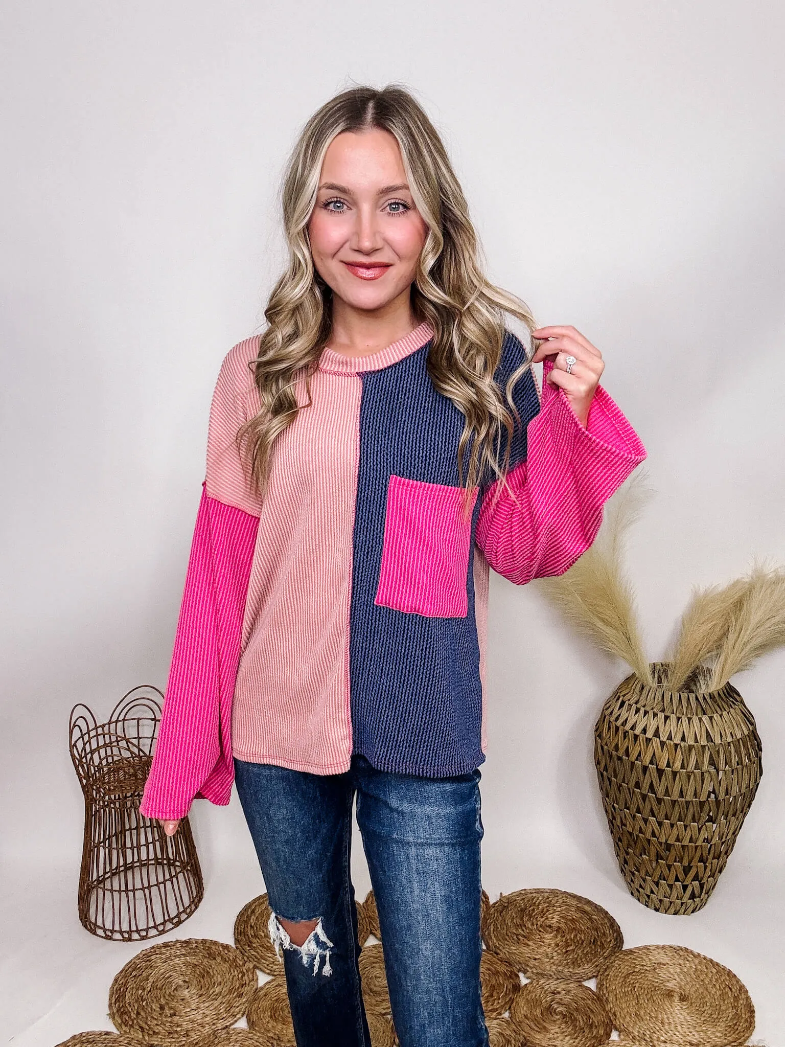 Ribbed Pink Colorblock Long Flare Sleeve Pocket Top