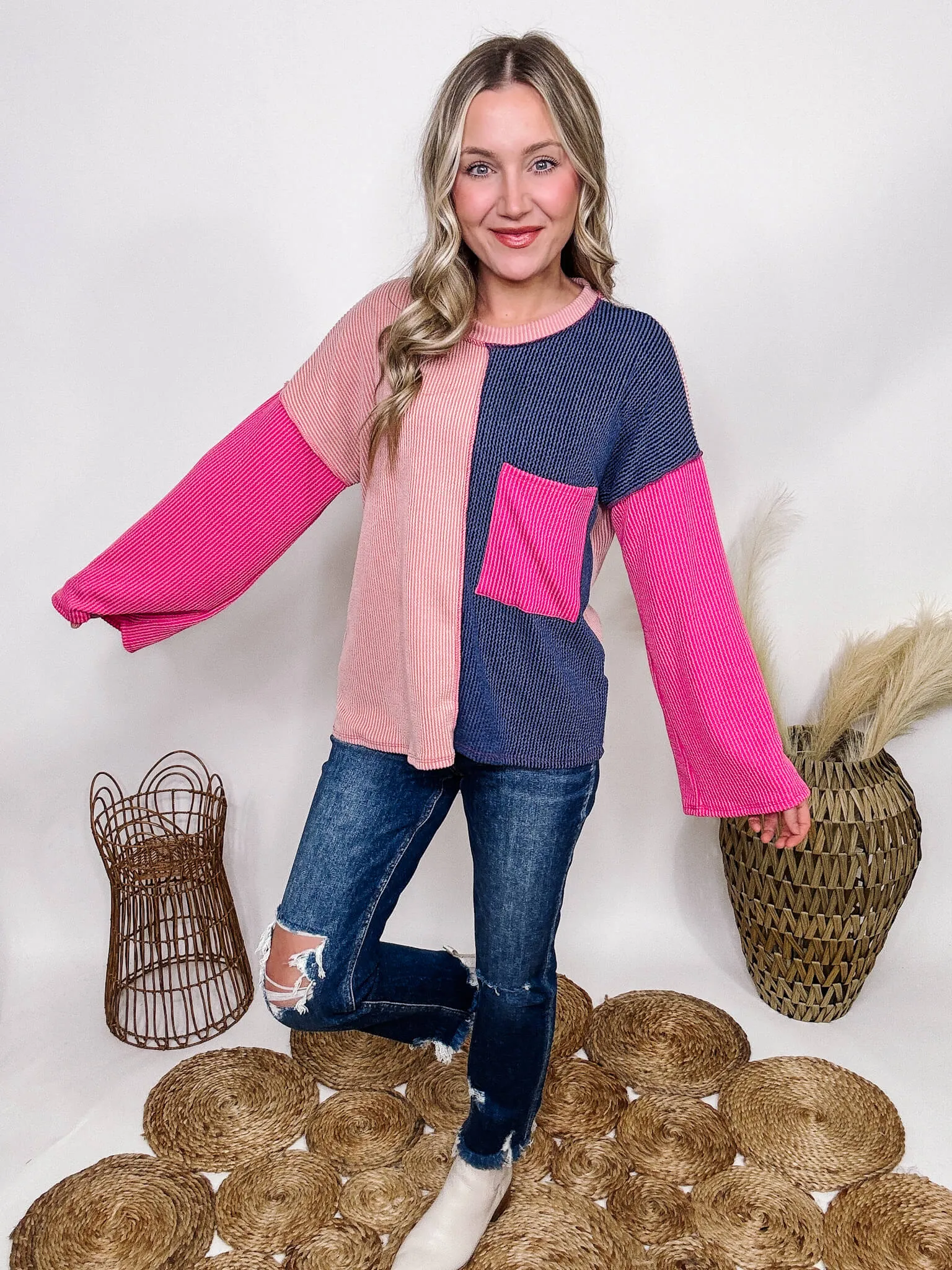 Ribbed Pink Colorblock Long Flare Sleeve Pocket Top