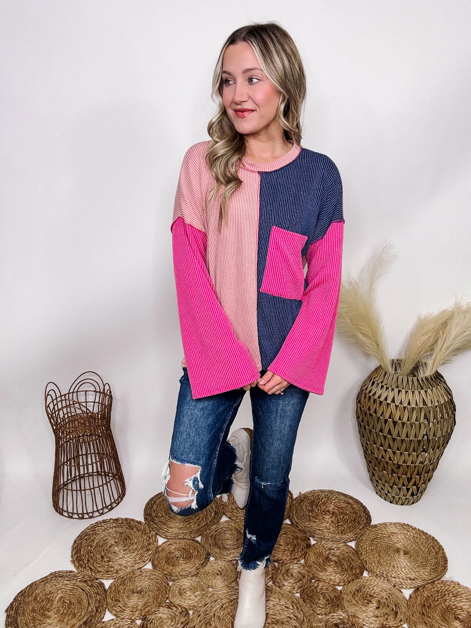 Ribbed Pink Colorblock Long Flare Sleeve Pocket Top