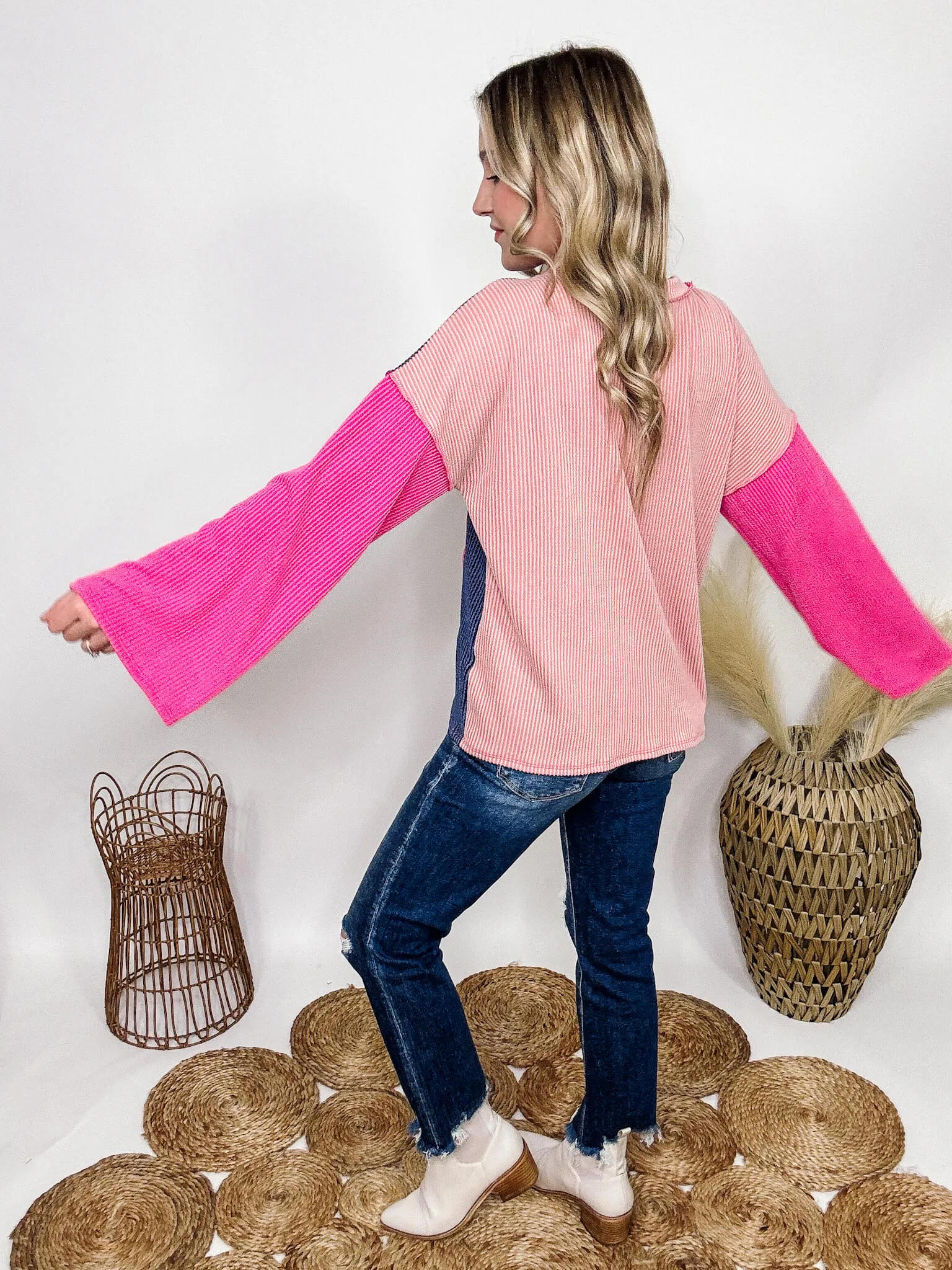 Ribbed Pink Colorblock Long Flare Sleeve Pocket Top