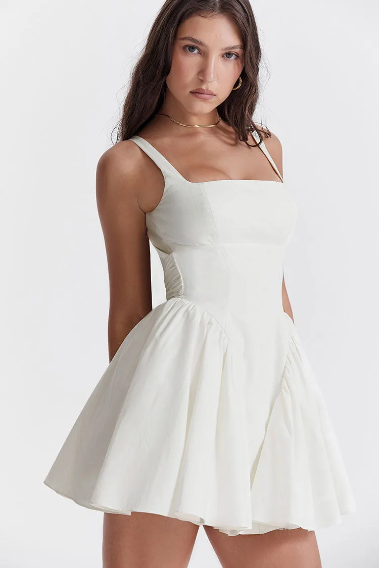 Sexy Bow Tie Backless Ruched Fit & Flare Summer Mini Sundress - White