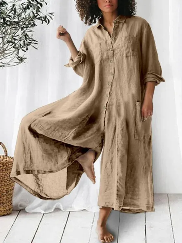 Solid Color Long-Sleeved Loose Wide-Leg Jumpsuit