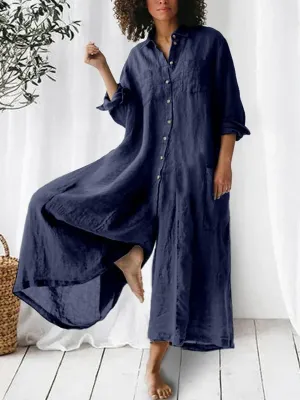 Solid Color Long-Sleeved Loose Wide-Leg Jumpsuit