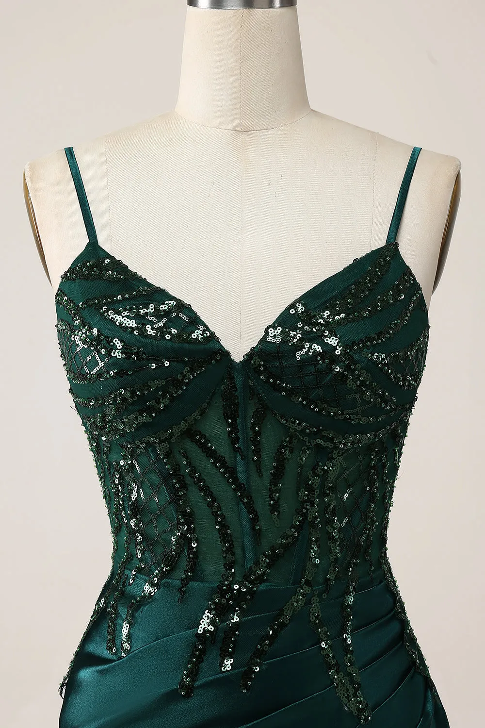 Sparkly Dark Green Mermaid Sequin Pleated Corset Maxi Dress with Slit