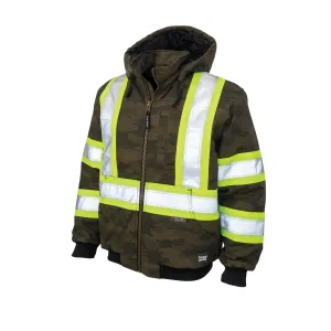 Tough Duck Men's Camo Hi Vis Bomber Jacket SJ32 - Cotton/Flex Duck, Water Repellent, Reflective, Insulated, Quick Release Hood, Multi-Pocket, Durable Workwear | Sizes S-5XL