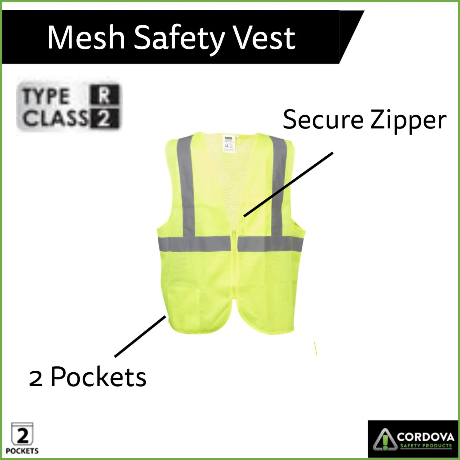 Type R, Class 2, High-Visibility Mesh Safety Vest, Chest Pockets