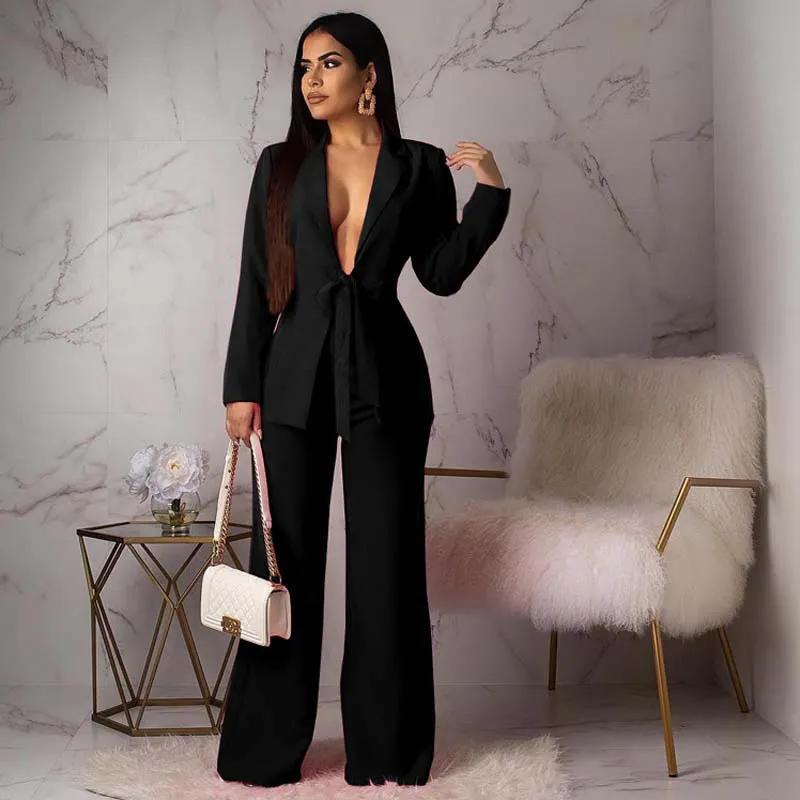 Women's Deep V-neck Blazer and Pants Two-piece Set | Perfect for All Season Wear